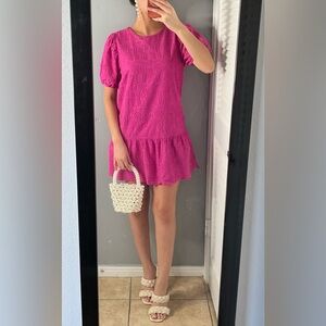Pink eyelet lace puff sleeve ruffle hem mini dress M Barbiecore feminine brunch